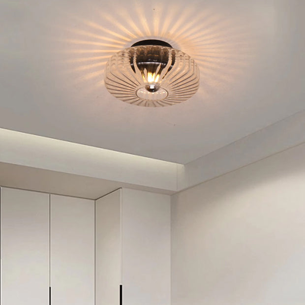 Modern Luxury Round Vertical Grain Glass Shade 1-Light Semi-Flush Mount Ceiling Light For Living Room