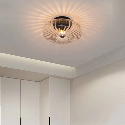 Modern Luxury Round Vertical Grain Glass Shade 1-Light Semi-Flush Mount Ceiling Light For Living Room