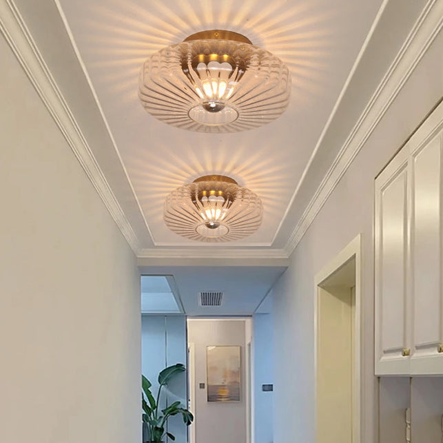 Modern Luxury Round Vertical Grain Glass Shade 1-Light Semi-Flush Mount Ceiling Light For Living Room