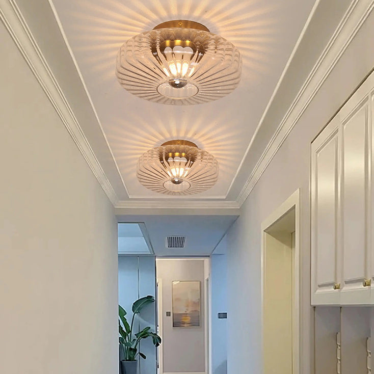 Modern Luxury Round Vertical Grain Glass Shade 1-Light Semi-Flush Mount Ceiling Light For Living Room