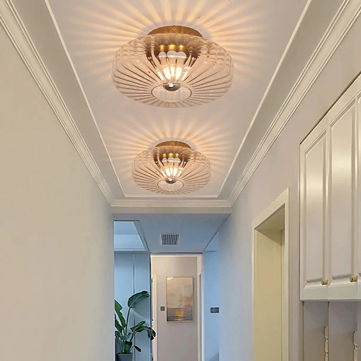 Modern Luxury Round Vertical Grain Glass Shade 1-Light Semi-Flush Mount Ceiling Light For Living Room