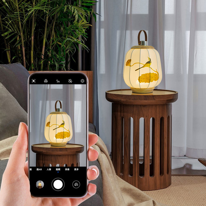 Traditional Chinese Fabric Lantern Shade Wood USB LED Table Lamp For Living Room