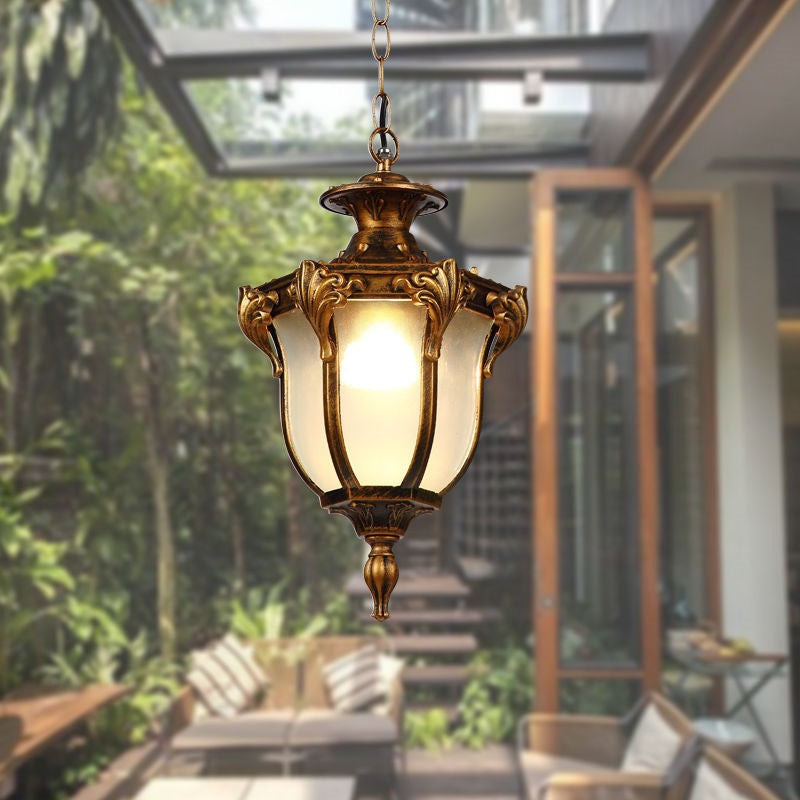 Traditional Vintage Aluminum Polygon Glass 1-Light Waterproof Outdoor Pendant Light For Garden