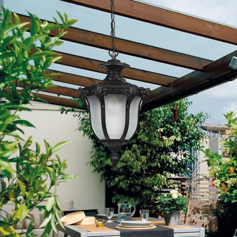 Traditional Vintage Aluminum Polygon Glass 1-Light Waterproof Outdoor Pendant Light For Garden