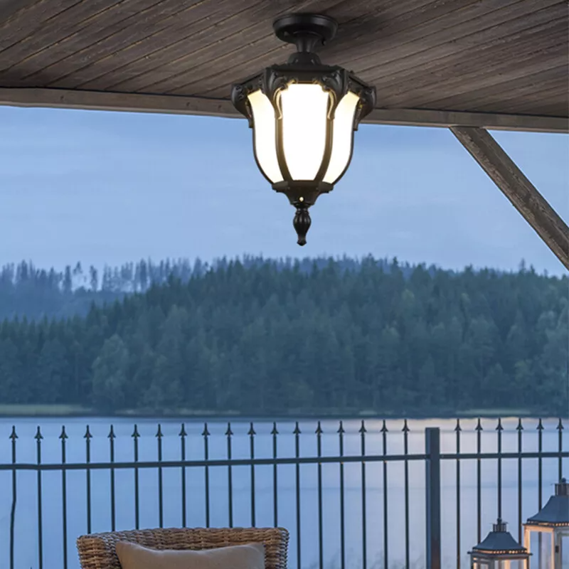 Traditional Vintage Aluminum Polygon Glass 1-Light Waterproof Outdoor Semi-Flush Mount Ceiling Light For Garden