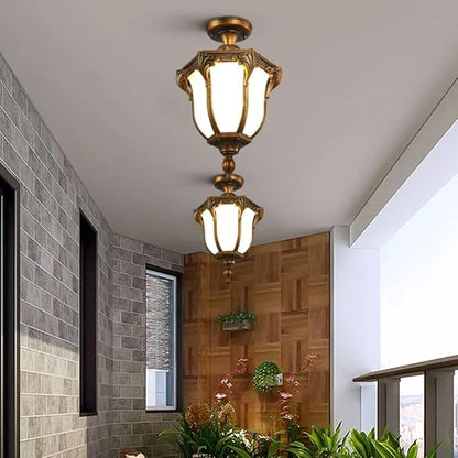 Traditional Vintage Aluminum Polygon Glass 1-Light Waterproof Outdoor Semi-Flush Mount Ceiling Light For Garden