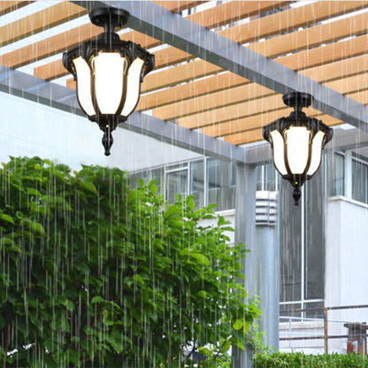 Traditional Vintage Aluminum Polygon Glass 1-Light Waterproof Outdoor Semi-Flush Mount Ceiling Light For Garden
