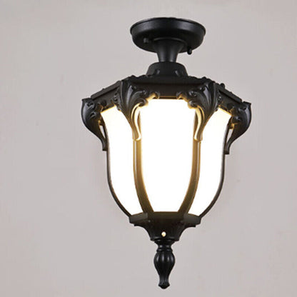 Traditional Vintage Aluminum Polygon Glass 1-Light Waterproof Outdoor Semi-Flush Mount Ceiling Light For Garden