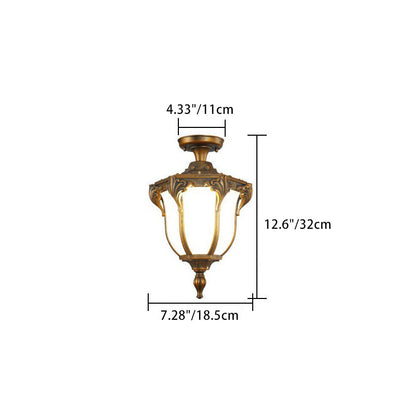 Traditional Vintage Aluminum Polygon Glass 1-Light Waterproof Outdoor Semi-Flush Mount Ceiling Light For Garden