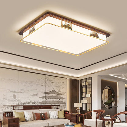 Traditional Chinese Brass Frame Walnut Wood Geometric Cuboid LED Flush Mount Ceiling Light For Living Room