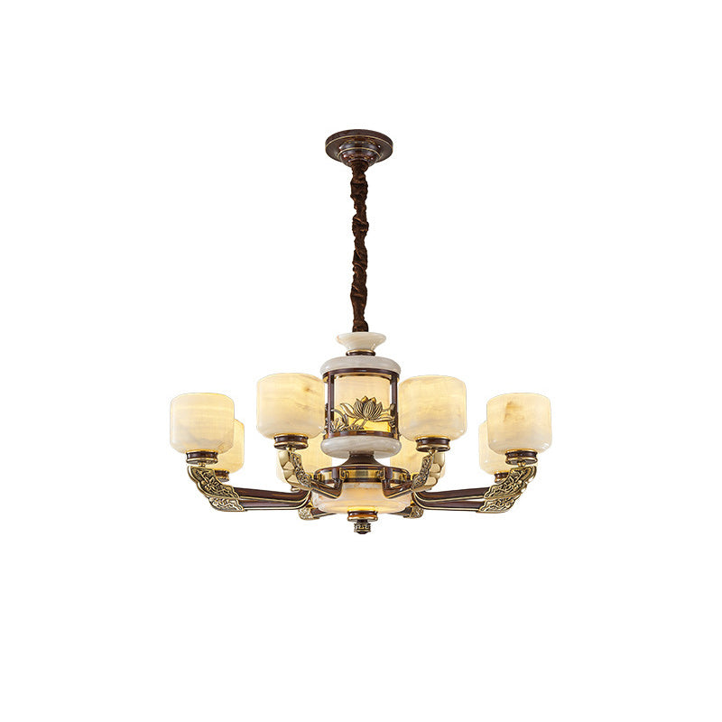 Traditional Chinese Full Copper Frame Cylinder Jade Shade 7/9-Light Chandelier For Living Room