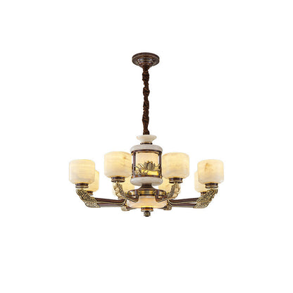 Traditional Chinese Full Copper Frame Cylinder Jade Shade 7/9-Light Chandelier For Living Room