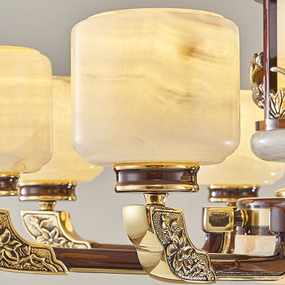 Traditional Chinese Full Copper Frame Cylinder Jade Shade 7/9-Light Chandelier For Living Room