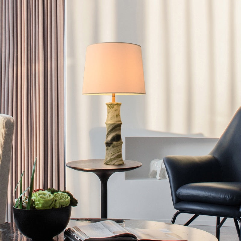 Modern Luxury Fabric Shade Marble Imitation Bamboo Knot Base 1-Light Table Lamp For Bedroom