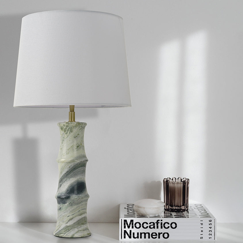 Modern Luxury Fabric Shade Marble Imitation Bamboo Knot Base 1-Light Table Lamp For Bedroom