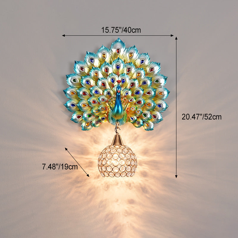 Contemporary Creative Resin Peacock Crystal Ball Shade 1-Light Wall Sconce Lamp For Living Room