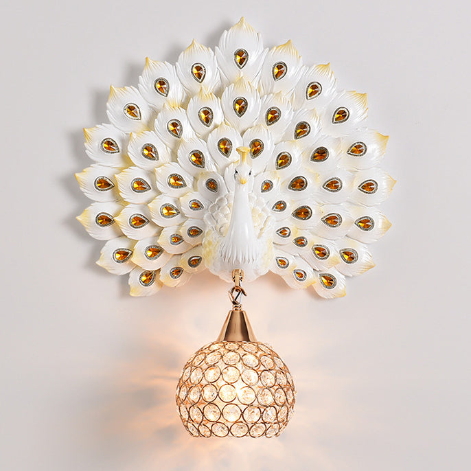 Contemporary Creative Resin Peacock Crystal Ball Shade 1-Light Wall Sconce Lamp For Living Room