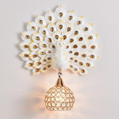 Contemporary Creative Resin Peacock Crystal Ball Shade 1-Light Wall Sconce Lamp For Living Room