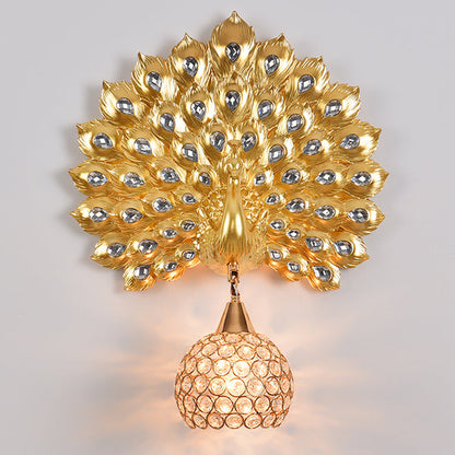 Contemporary Creative Resin Peacock Crystal Ball Shade 1-Light Wall Sconce Lamp For Living Room