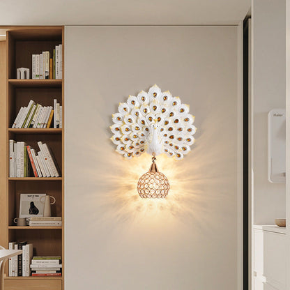 Contemporary Creative Resin Peacock Crystal Ball Shade 1-Light Wall Sconce Lamp For Living Room