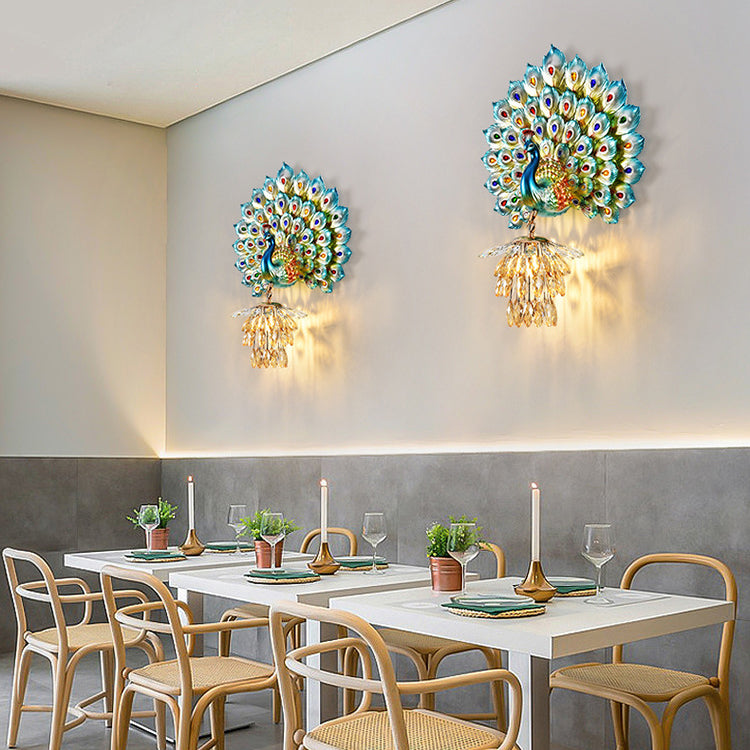 Contemporary Creative Resin Peacock Crystal Ball Shade 1-Light Wall Sconce Lamp For Living Room