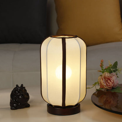 Traditional Chinese Fabric Cylinder Shade Wood Base 1-Light Table Lamp For Bedroom