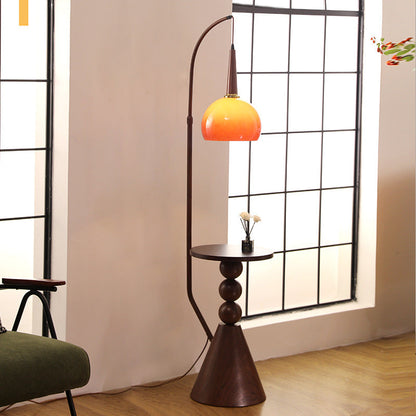Contemporary Retro Glass Round Shade Solid Wood Shelves 1-Light Standing Floor Lamp For Home Office