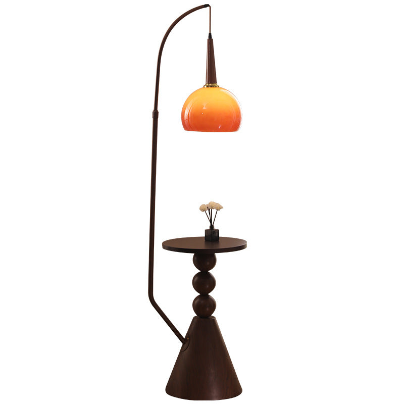 Contemporary Retro Glass Round Shade Solid Wood Shelves 1-Light Standing Floor Lamp For Home Office