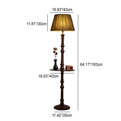 Contemporary Retro Pleated Fabric Shade Wooden Pole Base 1-Light Standing Floor Lamp For Home Office