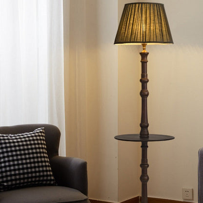 Contemporary Retro Pleated Fabric Shade Wooden Pole Base 1-Light Standing Floor Lamp For Home Office
