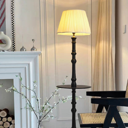 Contemporary Retro Pleated Fabric Shade Wooden Pole Base 1-Light Standing Floor Lamp For Home Office
