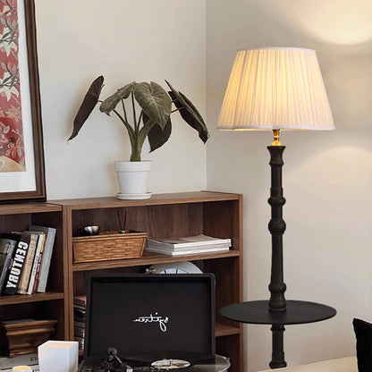 Contemporary Retro Pleated Fabric Shade Wooden Pole Base 1-Light Standing Floor Lamp For Home Office