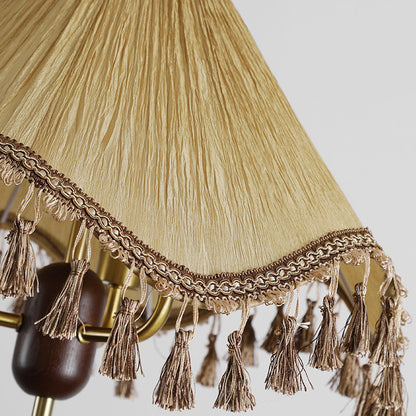 Traditional French Conical Pleated Fabric Shade Tassel Wood 3-Light Chandelier For Living Room
