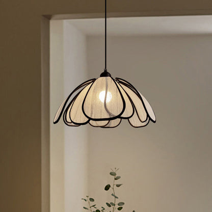 Traditional Japanese Iron Linen Lotus Petal Shade 1-Light Pendant Light For Dining Room