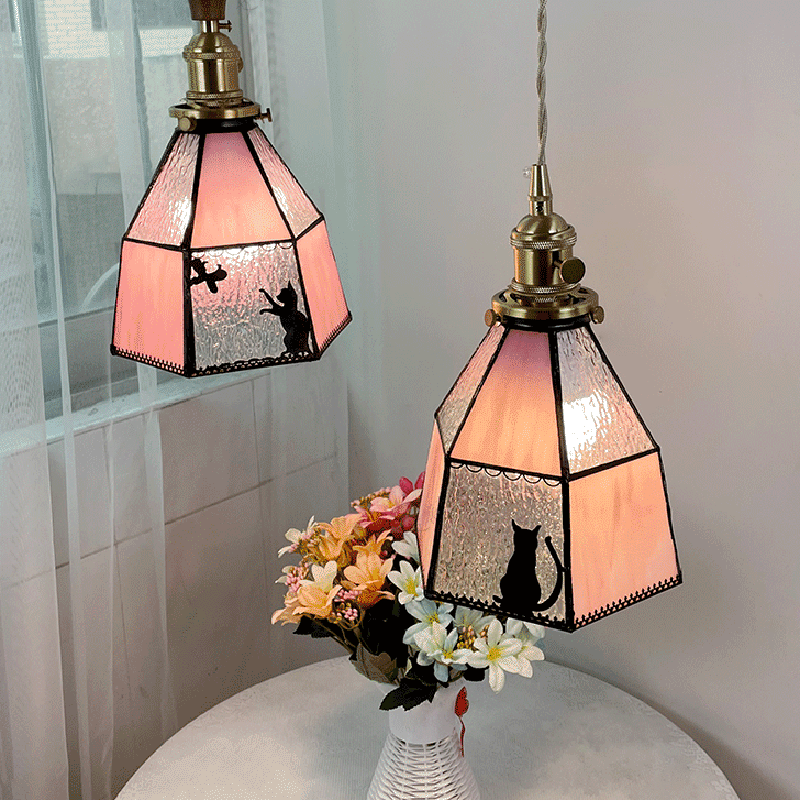 Traditional Vintage Pastoral Brass Glass Shade 1-Light Pendant Light For Living Room