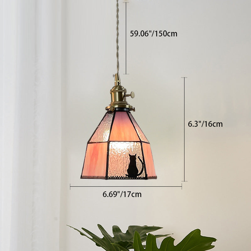 Traditional Vintage Pastoral Brass Glass Shade 1-Light Pendant Light For Living Room
