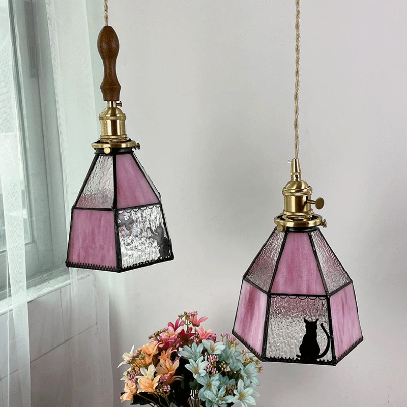 Traditional Vintage Pastoral Brass Glass Shade 1-Light Pendant Light For Living Room