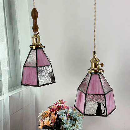 Traditional Vintage Pastoral Brass Glass Shade 1-Light Pendant Light For Living Room