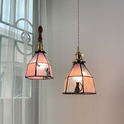 Traditional Vintage Pastoral Brass Glass Shade 1-Light Pendant Light For Living Room