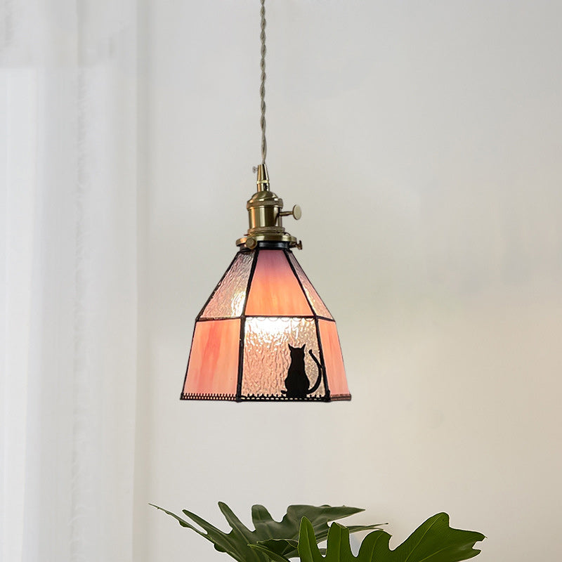Traditional Vintage Pastoral Brass Glass Shade 1-Light Pendant Light For Living Room