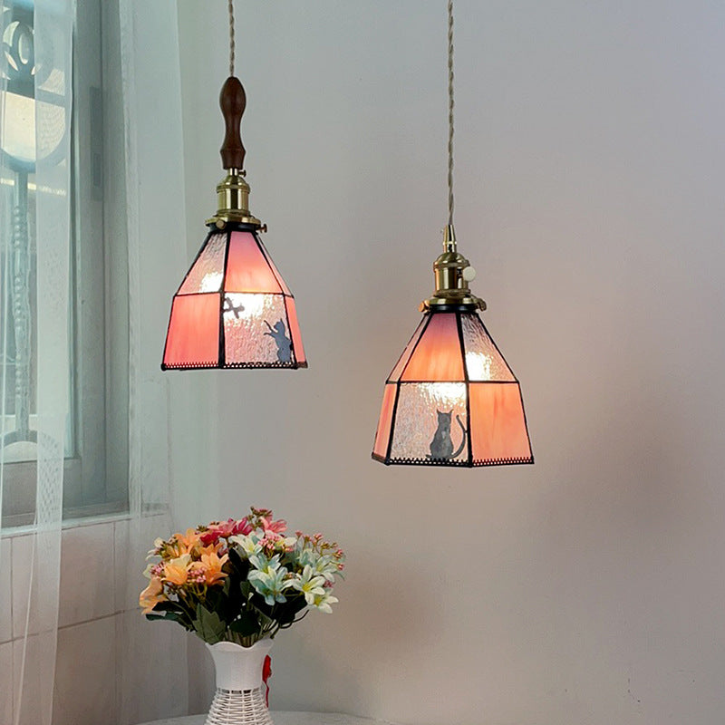 Traditional Vintage Pastoral Brass Glass Shade 1-Light Pendant Light For Living Room