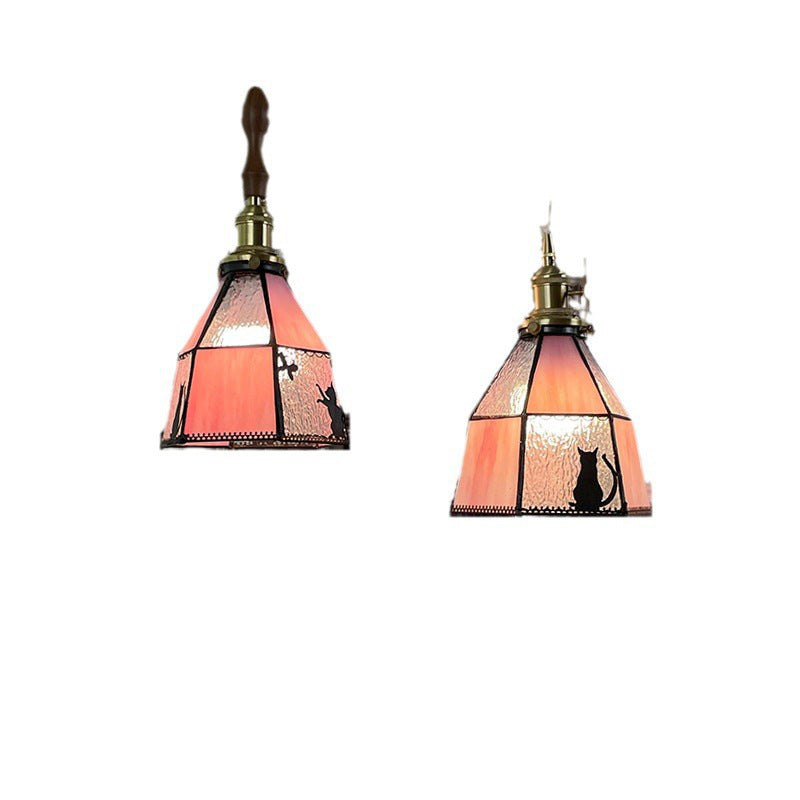 Traditional Vintage Pastoral Brass Glass Shade 1-Light Pendant Light For Living Room