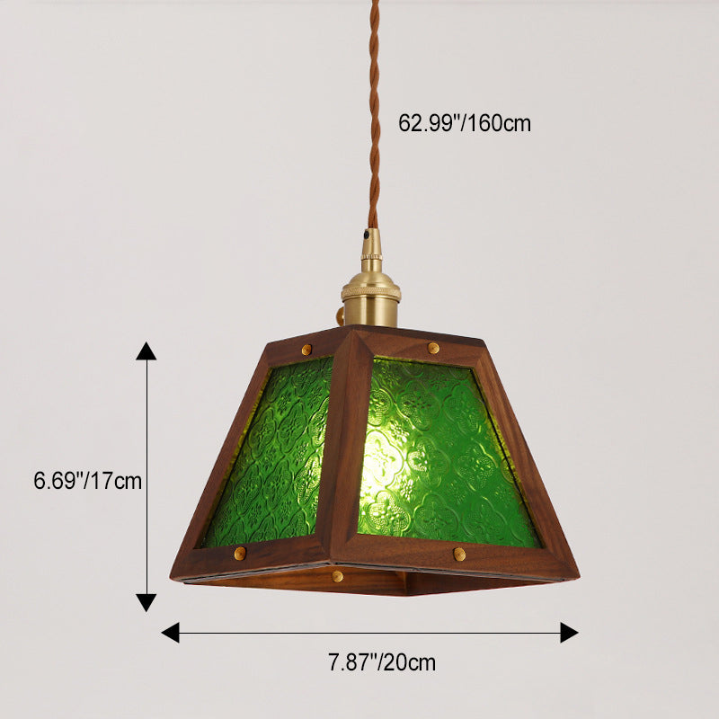 Traditional Vintage Solid Wood Flower Patterned Begonia Glass Shade 1-Light Pendant Light For Living Room