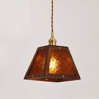 Traditional Vintage Solid Wood Flower Patterned Begonia Glass Shade 1-Light Pendant Light For Living Room