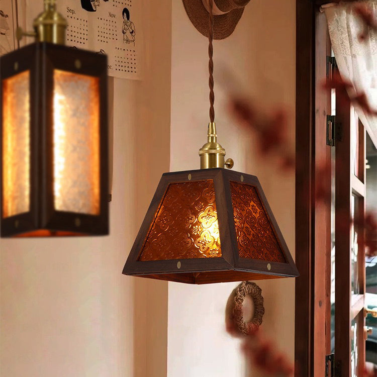 Traditional Vintage Solid Wood Flower Patterned Begonia Glass Shade 1-Light Pendant Light For Living Room