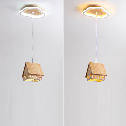 Traditional Japanese Cartoon Wooden House 1/3-Light Chandelier For Living Room