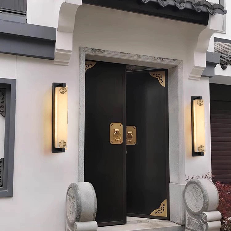 Traditional Chinese Column Stainless Steel Marble Shade LED Waterproof Wall Sconce Lamp For Outdoor Patio