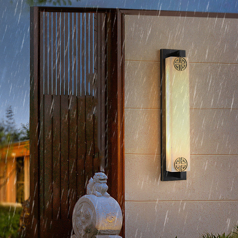 Traditional Chinese Column Stainless Steel Marble Shade LED Waterproof Wall Sconce Lamp For Outdoor Patio