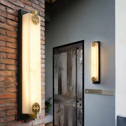 Traditional Chinese Column Stainless Steel Marble Shade LED Waterproof Wall Sconce Lamp For Outdoor Patio