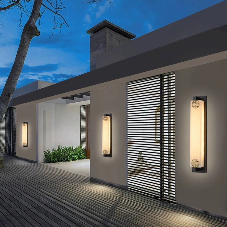 Traditional Chinese Column Stainless Steel Marble Shade LED Waterproof Wall Sconce Lamp For Outdoor Patio